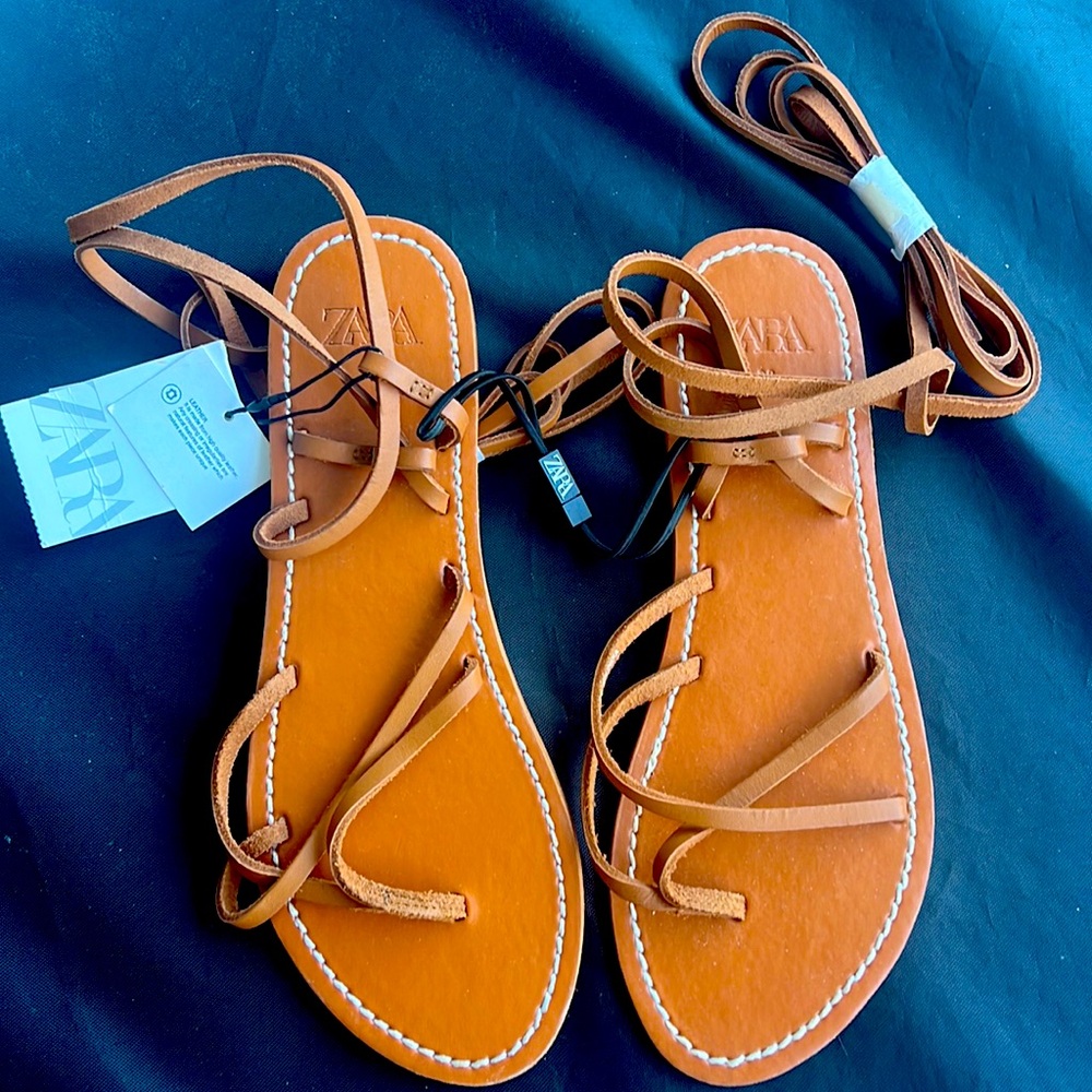 NEW Zara tan leather wrap flat sandals size 38